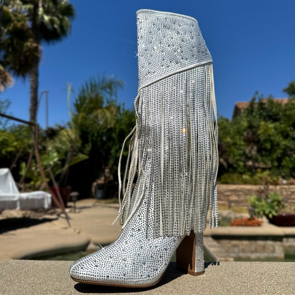 White Rhinestone Fringe Knee-High Heeled Boots - Picture 3 of 7